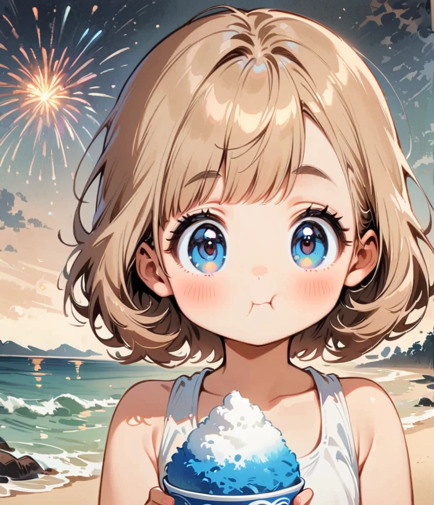 Fireworks in the background、Eating shaved ice、Cartoon style character design,1 Girl, alone,Big eyes,Cute expression,Tank top、interesting,interesting,Clean Lines