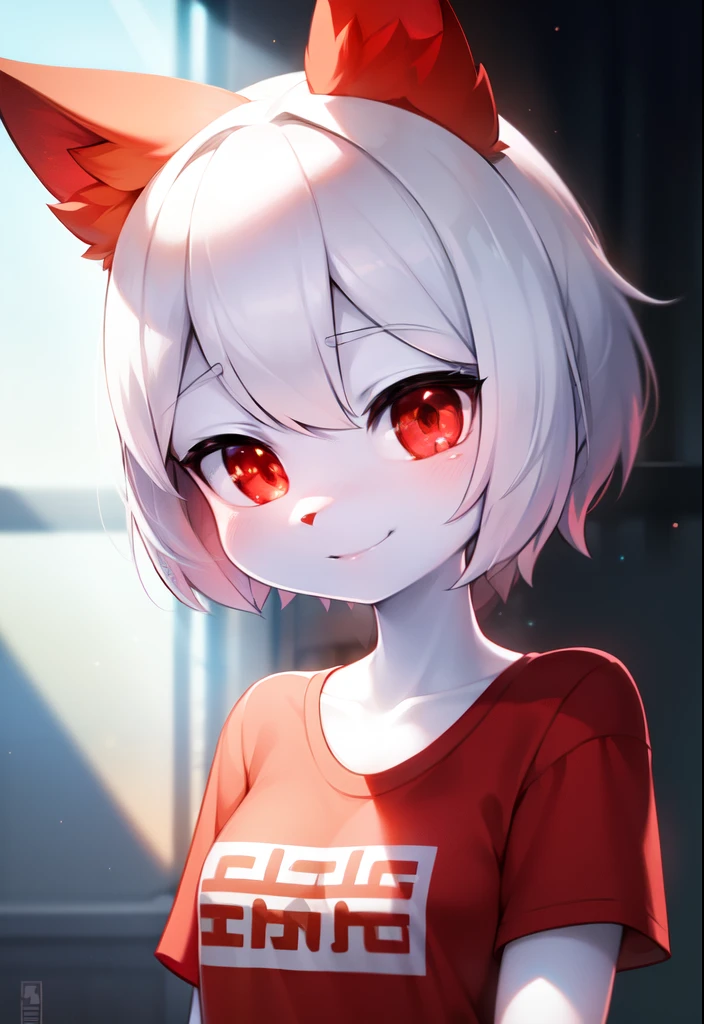 furry, White skin, ultra cute face, red elements on the skin, shiny t-shirt, Beautiful lights and shadows, ambient light, Ultra detailed skin, volumetric light