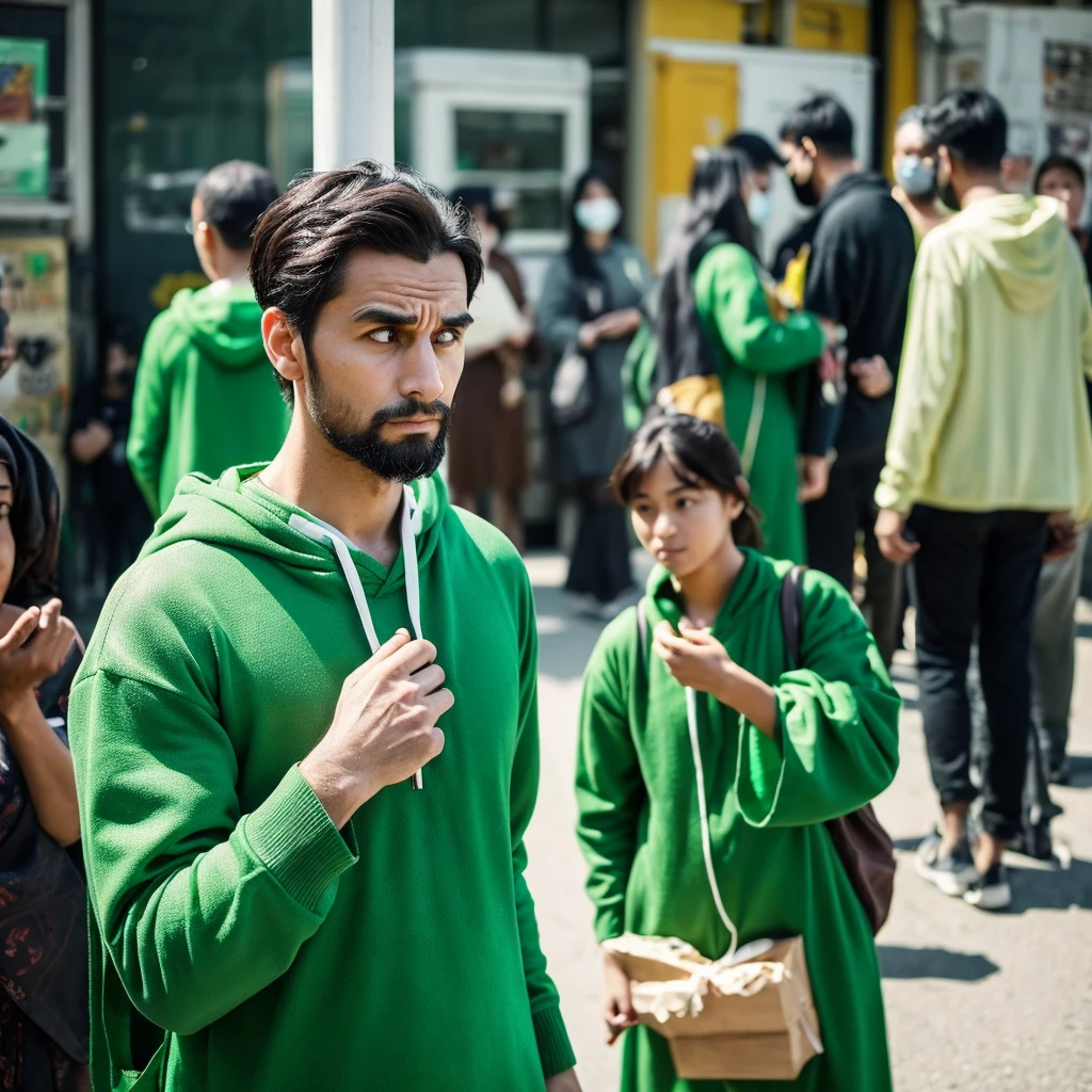 Create an image depicting a man dressed in green clothing who exhibits excessive concern and consideration in his everyday life. Show him in various daily situations where he demonstrates heightened attentiveness and care towards others. Capture realistic expressions and gestures that convey his thoughtful and empathetic nature. Set the scenes in typical daily environments to emphasize the relatability and realism of his actions. Ensure the composition portrays his genuine kindness and attentive demeanor convincingly.