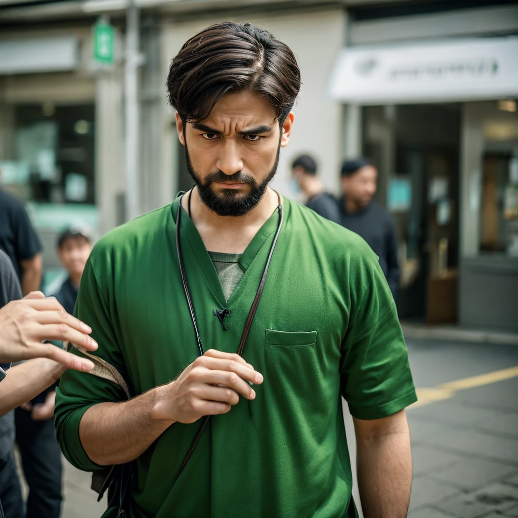 Create an image depicting a man dressed in green clothing who exhibits excessive concern and consideration in his everyday life. Show him in various daily situations where he demonstrates heightened attentiveness and care towards others. Capture realistic expressions and gestures that convey his thoughtful and empathetic nature. Set the scenes in typical daily environments to emphasize the relatability and realism of his actions. Ensure the composition portrays his genuine kindness and attentive demeanor convincingly.
