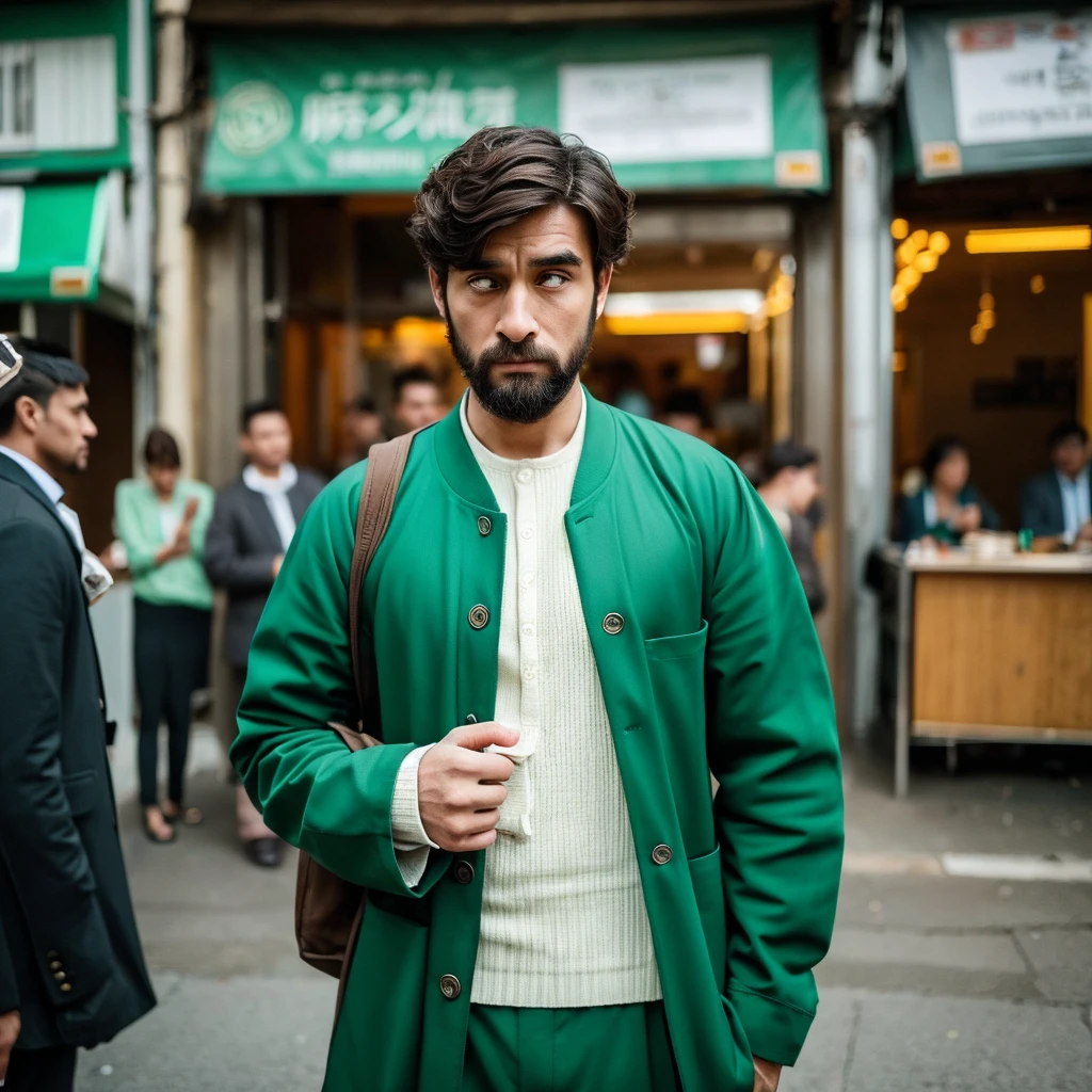 Create an image depicting a man dressed in green clothing who exhibits excessive concern and consideration in his everyday life. Show him in various daily situations where he demonstrates heightened attentiveness and care towards others. Capture realistic expressions and gestures that convey his thoughtful and empathetic nature. Set the scenes in typical daily environments to emphasize the relatability and realism of his actions. Ensure the composition portrays his genuine kindness and attentive demeanor convincingly.