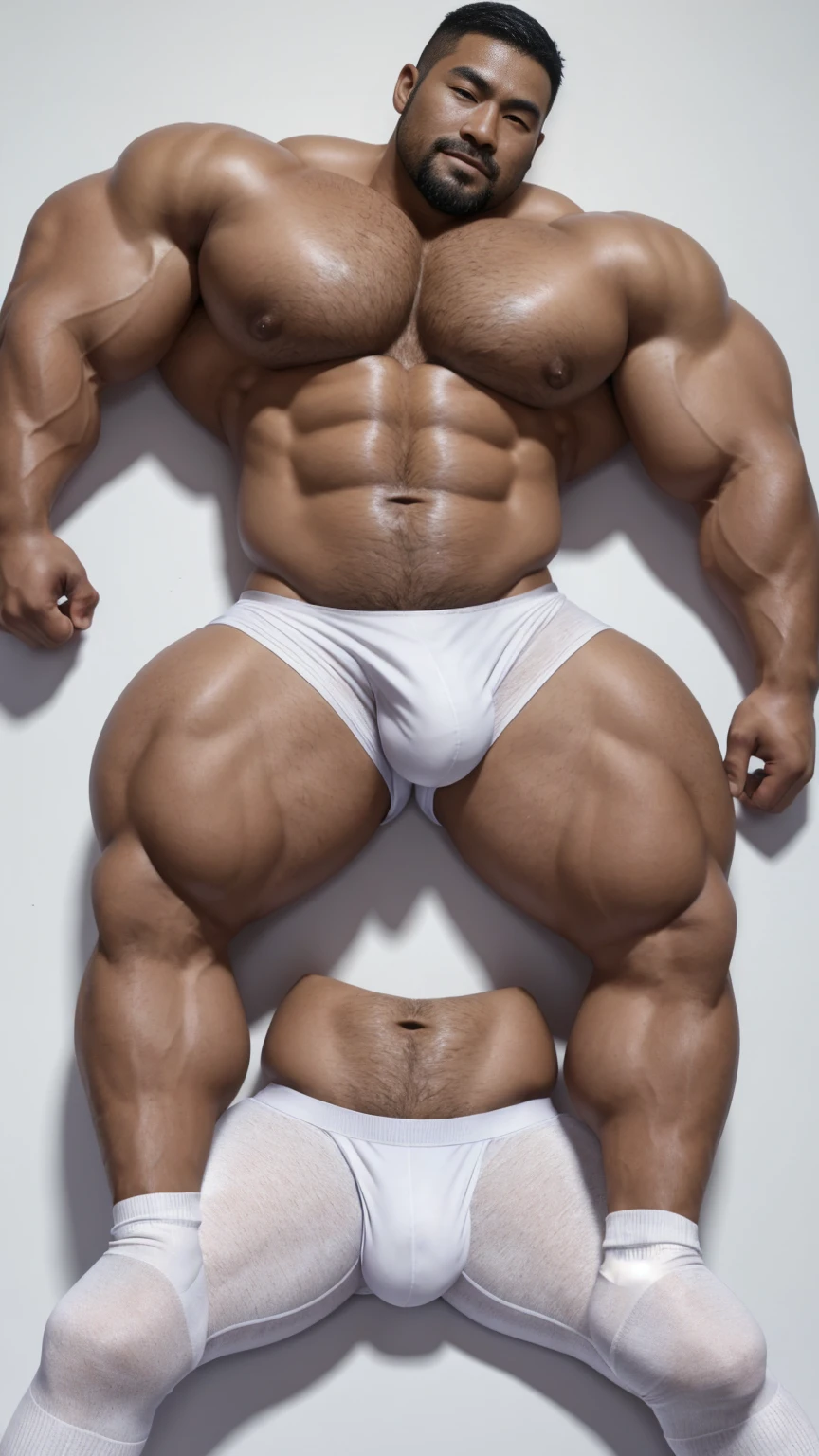 There is only one handsome Asian actor in the photo,35 years old,High target, Fitness,short hair, O-Shaped Beard,Perfect body, Dark skin color,Radiant Skin,Smooth skin,Shiny, shiny skin,Smooth pectoral muscles,No chest hair,No body hair,Muscle bulge, muscular, Very large pectoral muscles,Very y abdominal muscles,Very well-developed leg muscles,Huge concave and convex area,Brightens oily skin,Wear a transparent thong,Handsome face, Correct and accurate male body proportions, Wear white socks,Lying on gray background。