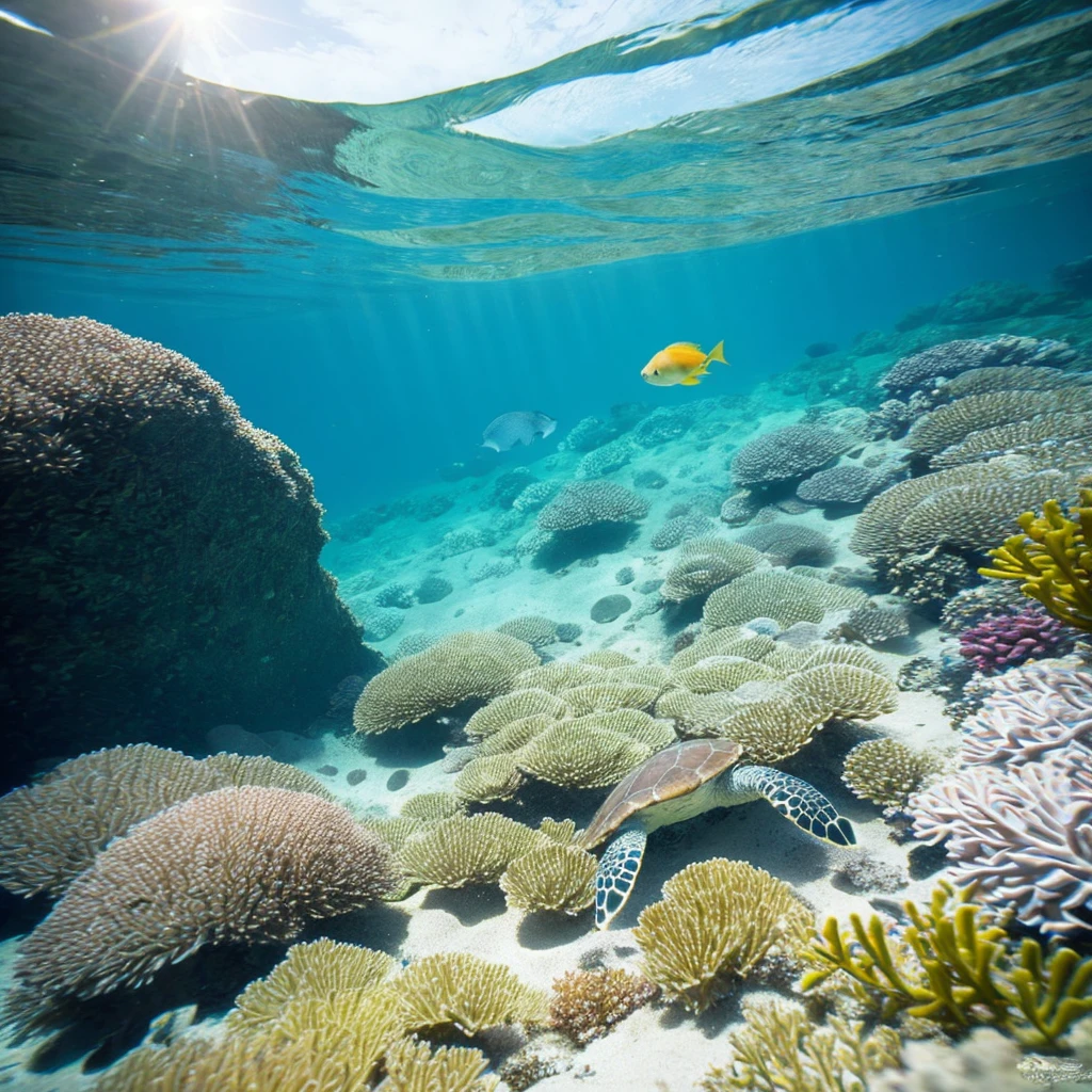 A Glorious Tropical Sea The tropical sea shines brightly under the dazzling sunlight. White sandy beaches stretch out, and the blue sky continues endlessly. The color of the sea transitions from emerald green to deep blue, and the water is incredibly clear. Abundant Coral Reefs and Tropical Fish Underwater, colorful coral reefs spread out, and variously shaped and colored tropical fish swim gracefully around them. Schools of small fish weave through the corals, shining like rainbows. Sunlight Penetrating the Water, High Water Clarity Sunlight filters through the water surface and creates sparkling showers of light that reach the sea floor. The water's clarity is so high that you can see far into the distance, and the underwater scenery is as clear as if viewed through glass. A Woman in a Bikini Underwater A woman in a bikini swims gracefully underwater. Her hair spreads out softly in the water, and she moves slowly with a smile on her face. Various colorful fish swim around her. Not Using a Snorkel She enjoys free diving without a snorkel, appearing free and natural. Greeting a Sea Turtle A sea turtle appears leisurely in front of her. The turtle shows interest in her and approaches slowly. She reaches out her hand, lightly touching the turtle, and smiles as if exchanging a greeting.