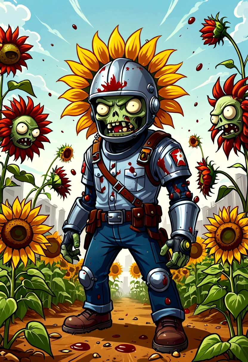 Plants vs. Zombies,game,fear,bloody,Old,Zombies,Violence,helmet,Sunflowers on the ground,Exaggerated art illustration,