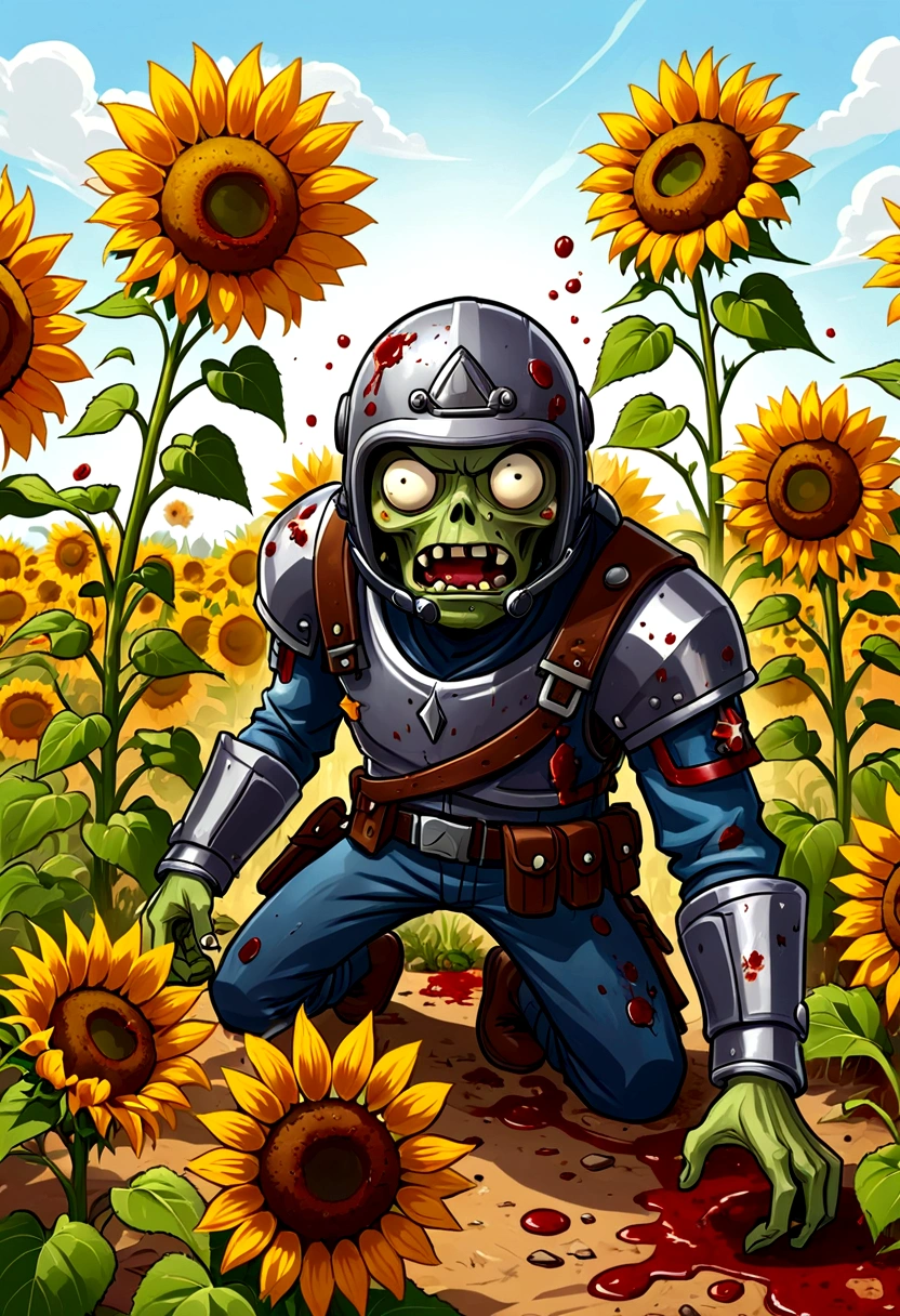 Plants vs. Zombies，game，fear，bloody，Old，Zombies，Violence，helmet，Sunflowers on the ground，Exaggerated art illustration，