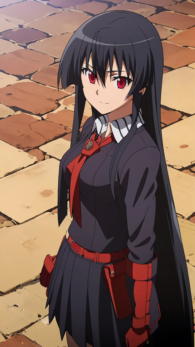 Master piece, best quality,(((1girl,solo))),full_body,akame,red_eyes,black_hair,(((very_long_hair))),cowboy_short,looking_at_me,smile_face,(school_uniform,skirt, serafuku, pleated skirt, neckerchief, short_sleeves, sailor_collar, blue_skirt, shirt, red_neckerchief, blue_socks, loafers),backgroud_school