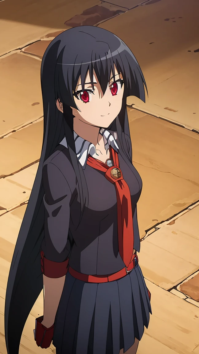 Master piece, best quality,(((1girl,solo))),full_body,akame,red_eyes,black_hair,(((very_long_hair))),cowboy_short,looking_at_me,smile_face,(school_uniform,skirt, serafuku, pleated skirt, neckerchief, short_sleeves, sailor_collar, blue_skirt, shirt, red_neckerchief, blue_socks, loafers),backgroud_school