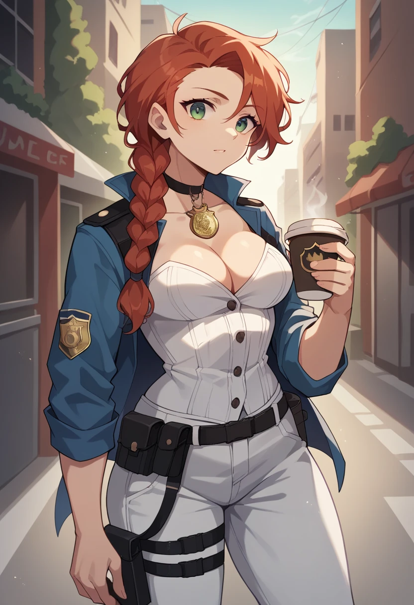 NSFW,One girl, Portrait of a beautiful donkey pex, Athletic ability, Blue jacket, White corset, skirt, White trousers, Police Medal,Holster on waist,Redhead, Braid, compensate, choker, Cleavage, Wide Hips, Volumetric lighting, Highest quality, masterpiece, Intricate details, Tone Mapping, Sharp focus, Super detailed, Trending on Art Station,Urban area, Realistic anime,cartoon,Urban area,Sideways glance,Coffee in hand