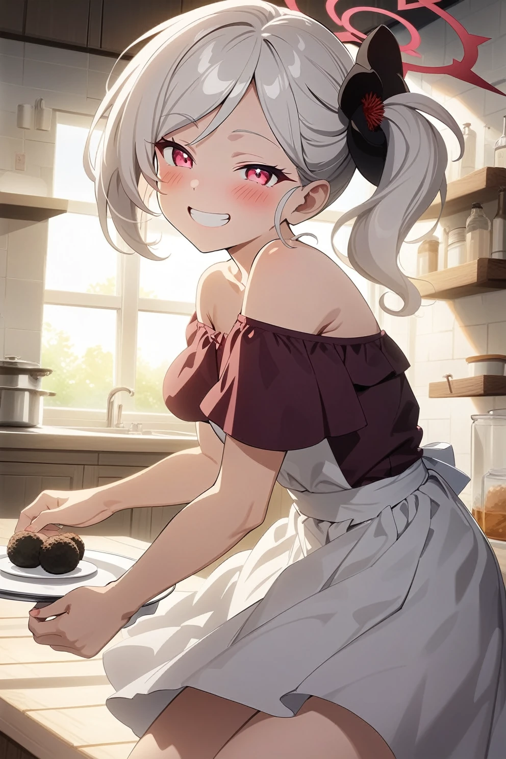 best quality, amazing quality, very aesthetic, absurdres, (1girl, mutsuki, blue archive, solo, red eyes, white hair, side ponytail), (realistic face:0.9),(off-shoulder dress:1.8),dress lift, (grin, blush, thigh:1.3), (cowboy shot), (glowing eyes:1.1), (half closed eyes:0.9), (from side:2),(official art:1.3), (kitchen), expressive eyes, perfect face, 4k, extremely detailed anime illustration, extremely detailed eyes, perfect anatomy, light rays, extremely delicate body, smooth skin, (school background:1.5), clear eyes, beautiful face, small breasts,(anime style:1.5), (Chiaroscuro:1.5), (highres:2), In the kitchen, brightly lit by the morning sun, a woman in a white apron is smiling at us. In her right hand is a handful of rice balls, and in her left is a small white plate filled with salt. Her smile is as if she is saying, "Look, it's almost ready.