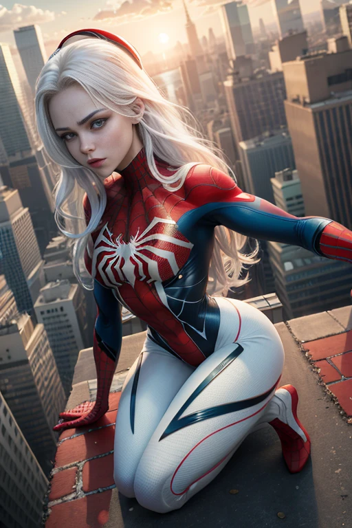 4k, realistic, carismatic, very detail, there is a girl on top city, wearing spiderman costum, she is a spiderman, white super hero theme, white long hair, 25 years old, full body