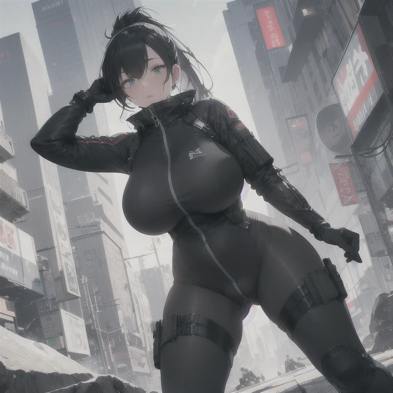 Absurd resolution,high resolution,(masterpiece: 1.4),hyper-detail,fullbody shot head to toe,full frontal camera perspective,solo,shorter,standing straight up,kemono feline cat gynomorph, big dick, big penis bulge, puffy inverted nipple silhouette,no skin other than neck and head shown,utility suit,black hair,messy ponytail,cute face,detailed soft grey luminous eyes,huge massive hyper super swollen heavy breasts,breasts so big that cover her whole torso and are bigger than her head while being so big they reach her belly button,extremely super large swollen perky heavy bust,super huge enormously gigantic tits,gigantic breasts stretching/straining out of her outfit looking like they are about to burst out,breasts compressed squishing barely contained in outfit,inflated breasts,breasts_expansion,super gigantic swollen heavy tits,wide full hips,narrower torso and shoulders,smaller torso,narrower waist,full thicc big soft thighs,thicc big full thighs,big rounded full soft butt,thicc butt,ruggedized utility styled outfit,fully insulated suit,full body outfit coverage with no skin showing or revealed,airtight/watertight zippers and seals,scifi monochrome black and grey fullbody covering protective padding rugged loose-fitted pilot utility suit with strategically placed protective padding,white zipped utility cropped top for breasts support with a black strap horizontal across cleavage worn on top of suit,tactical strategic angular-patterned protective padding on hips and thighs and abdomen,practical/functional clothing,weather-proof durable clothing material,nylon clothing material,custom made clothing to fit and support large breasts,scifi padded rugged rigid high collar cropped cutout fitted techwear jacket,armored high collar,white and black triangular decals and techwear iconography on apparel and clothing,techwear gloves,ruggedized tech,ruggedized tech aesthetic,fitted utility pants,utility chaps,near future scifi,cyberpunk aesthetic,anime aesthetic,tactical aesthetic