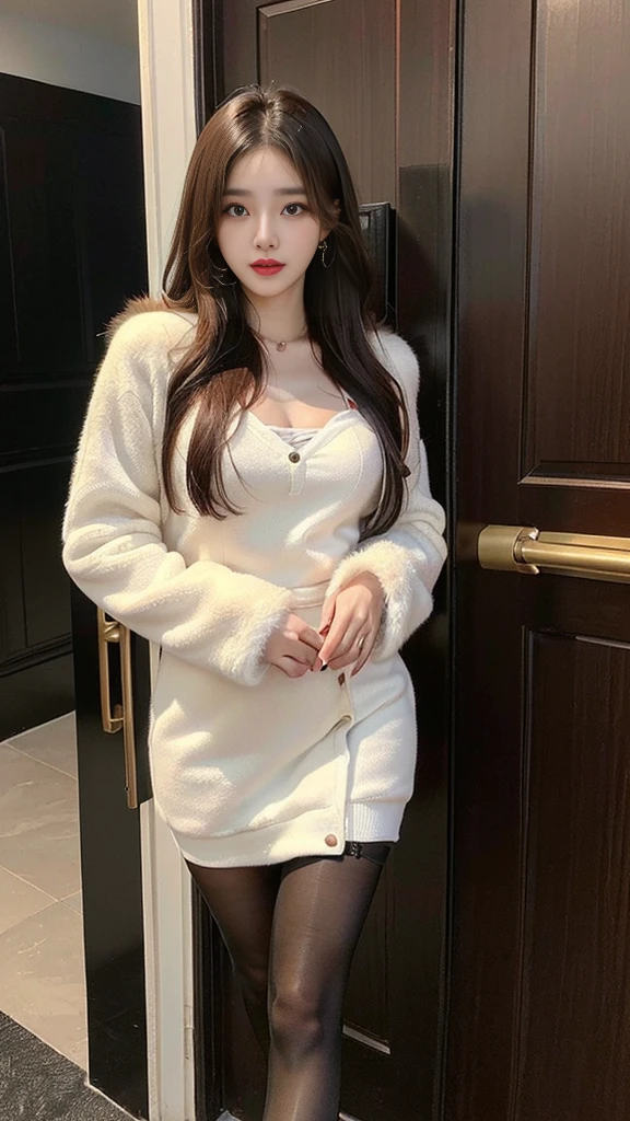 (((NFSW : 1.2))), (((pornography))), (realistic), (intricate details:1.2), (masterpiece、:1.3), (top quality:1.4), (Ultra A high resolution:1.2), Ultra A high resolution, 8K resolution, very detailed expression, dark, (high quality), complete anatomy, natural anatomy, full body photo, (한 한국여성이 오피스텔 현관을 들어오면서 한쪽 다리를 옆으로 슬쩍 들어올려 하이힐을 벗는 중에 있습니다. : 1.6), (그녀는 오피스텔로 신발을 벗고 들어오고 있습니다. :1.6), (그녀의 시선은 자신의 발끝을 향합니다:1.4), she is 21 years old, (call girl:1.5), (prostitute: 1.5), (she is korean:1.6), (beautiful : 1.4), (Dyed fancy colored hair banging), (big earrings), heavy makeup, Confusing wording, choker necklace, long legs, (a girl weared slim feminine dress and pantyhose. : 1.4), (a girl weared strappy high heels :1.4), (a girl is wearing a fur jacket :1.4), (She is carrying a woman's bag : 1.4), (남자들은 그녀를 기다리고 있습니다 : 1.4), (남자들의 시점 :1.4), glowing skin,(eye contact each other :1.4),(She being caught and sexually harassed by 2 men : 1.5), (the front door of the hotel room : 1.6), (detailed background:1.2),(She has fun with several Korean men : 1.4), 