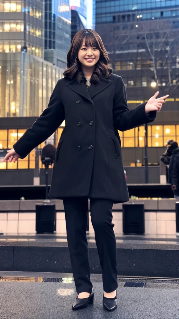Full-body photo of a cute Japanese weather forecaster wearing a black pantsuit and coat,Medium Hair, pumps,A girl broadcasting live with a microphone,Broadcasting with a microphone outdoors in Tokyo in winter,Standing in front of Tokyo Station,wearing pumps and black tights,masterpiece