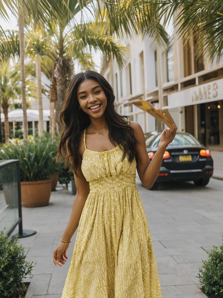 Madison Beer, her name is Jamila, high quality, 1girl, ((20-year-old fit ebony woman)), ((25 years old)), ((slim)), long hair, pose: standing, wearing (((yellow sundress))) stylish fashionable Generation-Z modern wear different colored, happy, ((laughing)) BACKGROUND: outside: a cafe by the beach