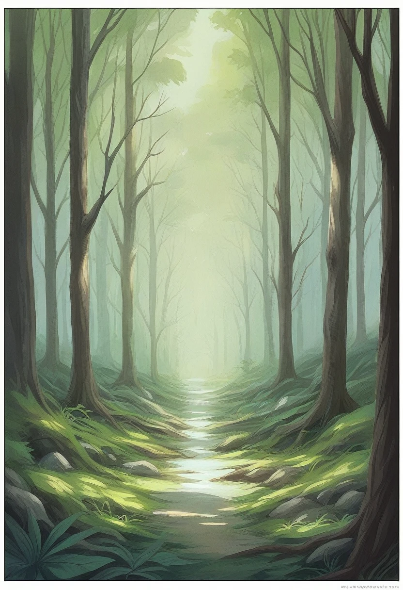 Generate a highly detailed, semi-realistic 8K image of a serene forest scene with a clear, flowing stream. The stream should have detailed water textures and reflect the sunlight, with rocks covered in moss and ferns growing alongside the bank. The forest should feature dappled light filtering through the leaves, creating soft shadows and intricate patterns on the forest floor. Include detailed wooden pathways and textured stone paths that lead through the forest. The atmosphere should be calm and refreshing, with anime style 40% and realistic details 80%, focusing on natural, muted tones to enhance the serene environment.