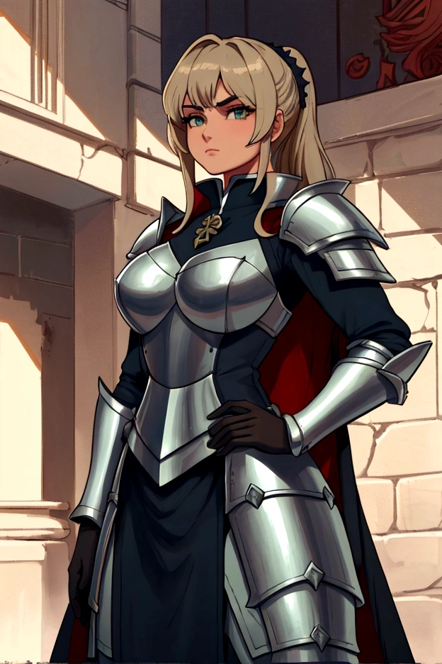 "(masterpiece:1.1), best quality, 
1girl, (80s anime style:1.4), (eyelashes:1.5),
(intricate high detailed body:1.2), 
silver hair, 
(hair over one eye:1.1),(short hair:1.1), (nun wimple:1.2), 
brown eyes, (red lip stick, eye shadow:1.1), 
(curvy body:1.2), (medium breasts:1.1), 
grin, 
(string body suit armor, underboob cutout:1.2), (pantyhose:1.1), 
(knight armor, armored boots:1.2), (ribbon:1.1), (jewelry:1.1), hand cuffs, 
standing, hand on hip, 
(upper body, looking at viewer, from front:1.1),
(daytime, grassland,  outdoors:1.1)"