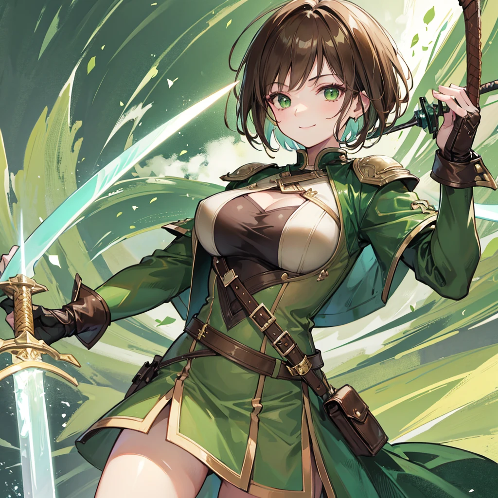 Hd, 4k, Beautiful girl, short hair, brown hair, green eyes, smiling, brown and green leather clothing, sword in hand
