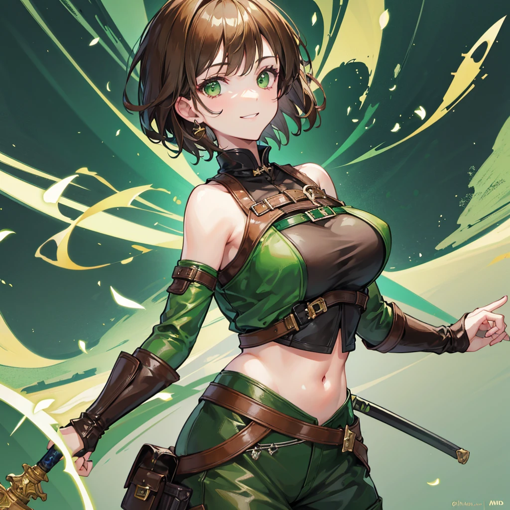 Hd, 4k, Beautiful girl, short hair, brown hair, green eyes, smiling, brown and green leather clothing, sword in hand