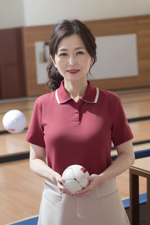 8K, Mature elegant Japanese woman, 55 years old, Married women, Delicate features, Long eyelashes, Sparkling eyes, Low Ponytail, Red lipstick, Rosy Cheeks, eye shadow, Attractive lips, Cleavage, Polo shirt, mini skirt, Bowling, throw a ball, photo shoot, (Highest quality,8K,High resolution,masterpiece:1.2),