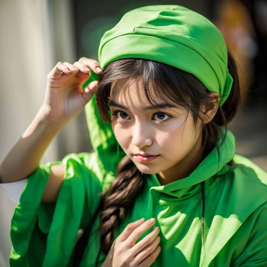 Create an image depicting a woman dressed in green clothing who exhibits excessive concern and consideration in her everyday life. Show her in various daily situations where she demonstrates heightened attentiveness and care towards others. Capture realistic expressions and gestures that convey her thoughtful and empathetic nature. Set the scenes in typical daily environments to emphasize the relatability and realism of her actions. Ensure the composition portrays her genuine kindness and attentive demeanor convincingly.