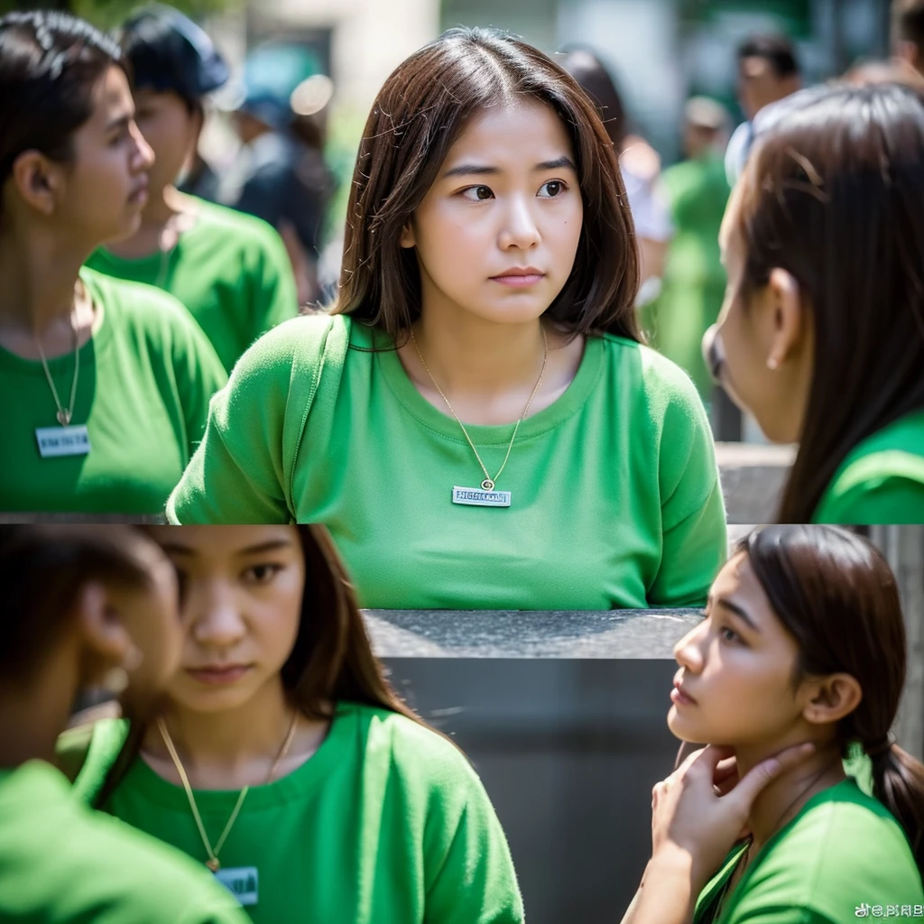 Create an image depicting a woman dressed in green clothing who exhibits excessive concern and consideration in her everyday life. Show her in various daily situations where she demonstrates heightened attentiveness and care towards others. Capture realistic expressions and gestures that convey her thoughtful and empathetic nature. Set the scenes in typical daily environments to emphasize the relatability and realism of her actions. Ensure the composition portrays her genuine kindness and attentive demeanor convincingly.