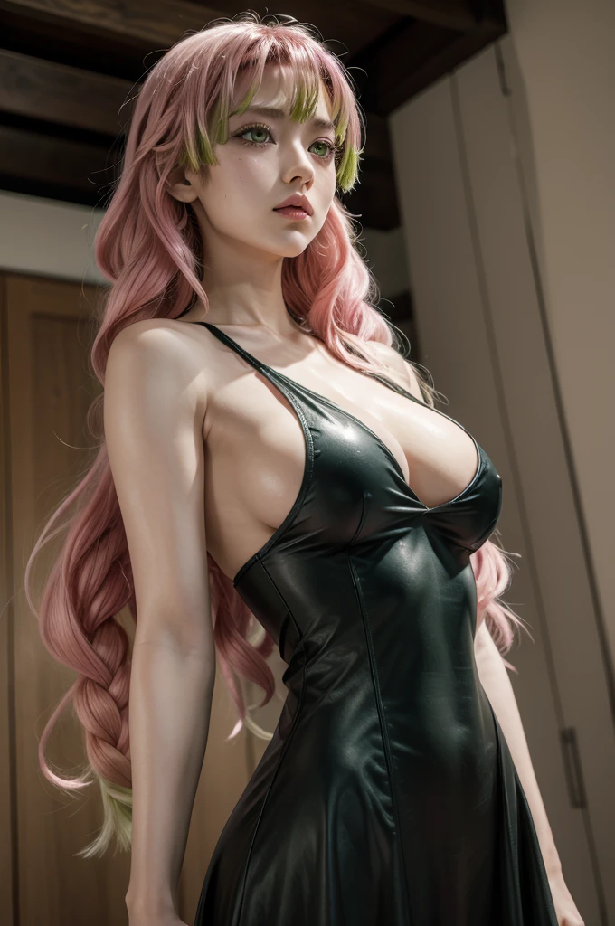 Mitsuri from demon slayer, realistic, age 25, extreme pure white skin, green pupils, pink long side hair, pink and black clothed samurai dress, perfect face, perfect shape body, large breasts, clothes covered upper body, 3d .