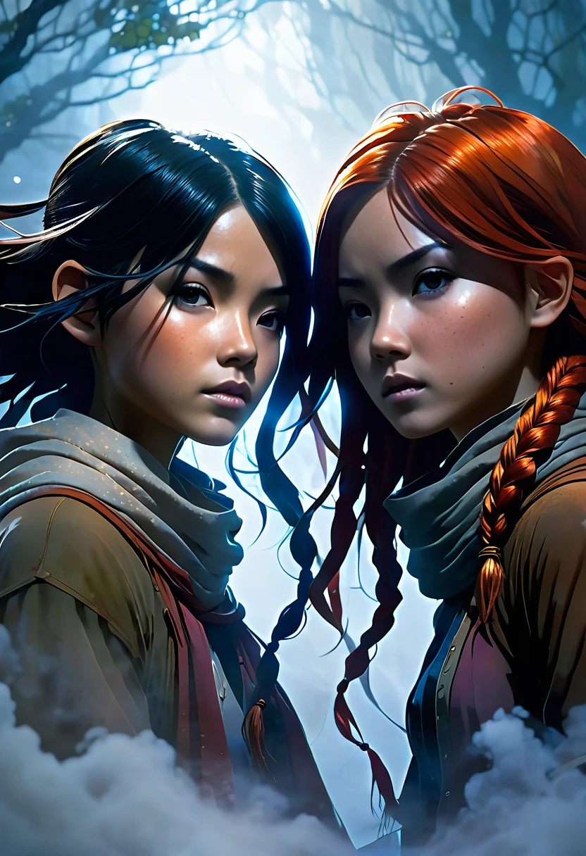 Portrait of two girls, unravel,Cast A Spell, Full of Mist, cinematic lighting, dramatic atmosphere, by Dustin Nguyen, Akihiko Yoshida, Greg Tocchini, Greg Rutkowski, Cliff Chiang, 4k resolution, trending on artstation