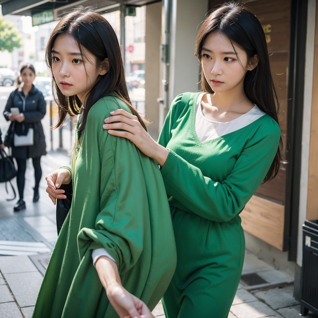 Create an image depicting a woman dressed in green clothing who exhibits excessive concern and consideration in her everyday life. Show her in various daily situations where she demonstrates heightened attentiveness and care towards others. Capture realistic expressions and gestures that convey her thoughtful and empathetic nature. Set the scenes in typical daily environments to emphasize the relatability and realism of her actions. Ensure the composition portrays her genuine kindness and attentive demeanor convincingly.