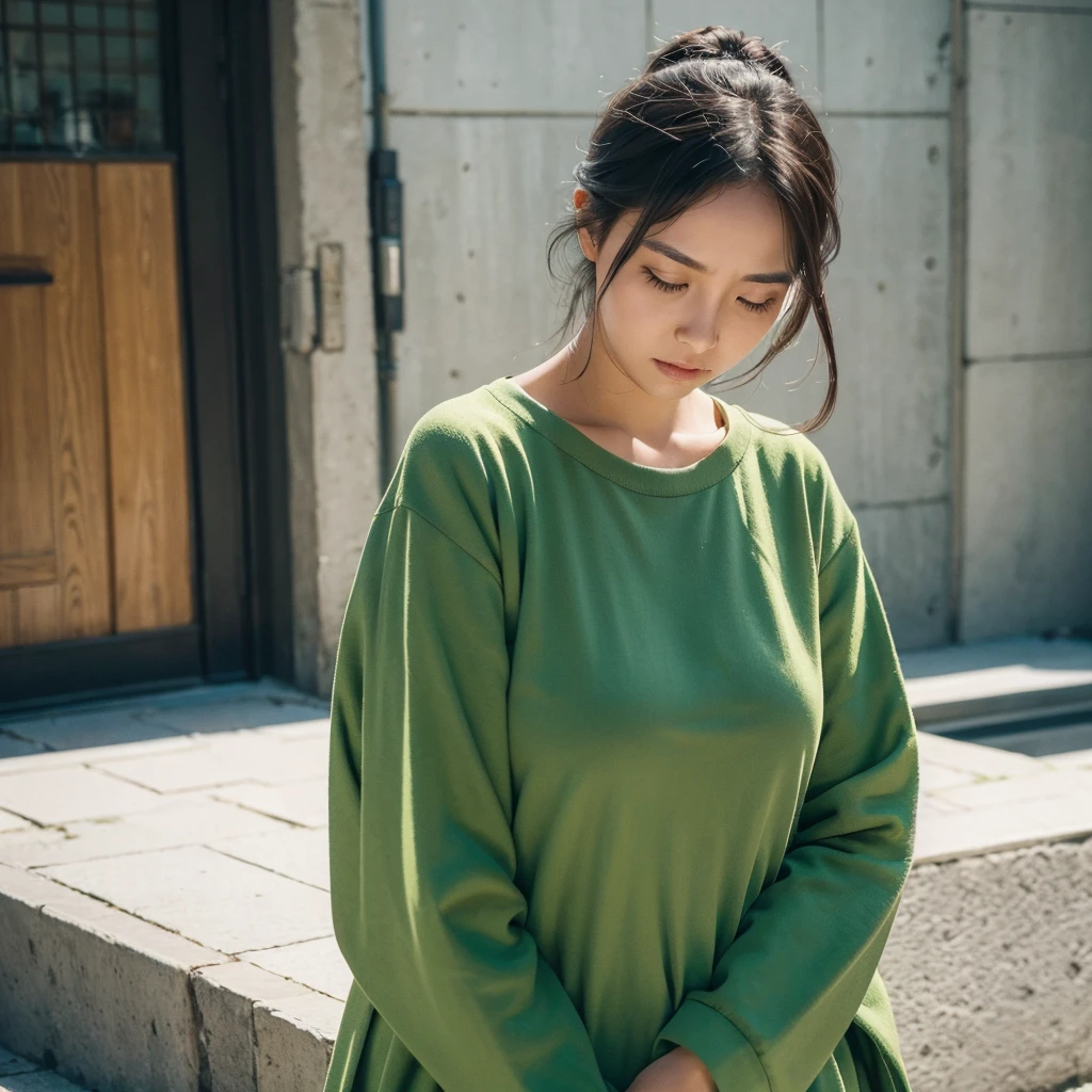 Create an image depicting a woman dressed in green clothing who exhibits excessive concern and consideration in her everyday life. Show her in various daily situations where she demonstrates heightened attentiveness and care towards others. Capture realistic expressions and gestures that convey her thoughtful and empathetic nature. Set the scenes in typical daily environments to emphasize the relatability and realism of her actions. Ensure the composition portrays her genuine kindness and attentive demeanor convincingly.