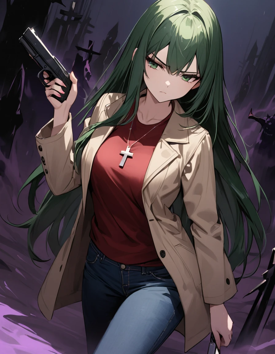 (masterpiece)、(absurdres)、(ultra detailed)、long shot,(shiny dark green hair)、(solo girl)、(dark green eyes)、 breast:0.8,(straight long hair)、BREAK,(casual beige jacket)、(red Tshirt)、(denim JEANS)、Cross Necklace:0.9、BREAK,Holding a handgun in your hand:1.2,Defensive Pose、angry,serious,half-closed eyes,dynamic angle,closed mouth,cowboy shot,side view:1.2,looking away:1.3,Bend one knee、Sit on the ground、A dark graveyard at night filled with monsters and demons:1.1、darkness,no lighting,purple fog:1.05、