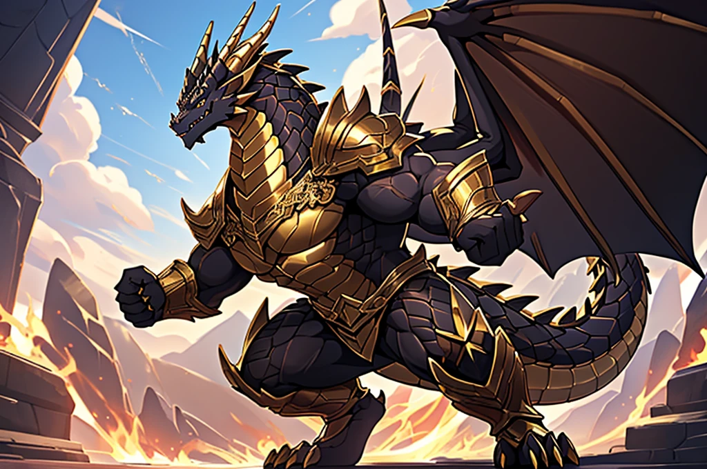 (The tyrannical and powerful Dark Gold Dragon King，Wearing modern black and gold armor，Inlaid with dark gold gemstones：200)，Strong physique的龙形恶魔，(Large dragon body，Huge chest，Majestic wingspan，Sharp and huge dragon claws，Thick iron tail，Sharp dragon scales，The huge dark gold dragon king：2)，Strong physique，(Dark gold scales，Mighty dragon-shaped demon：2)，Dragon legs apart，Dragon wings unfold，The dragon's claws open，Excited grin，Huge mount，Overwhelming presence，Full body picture，Very detailed，4k HD