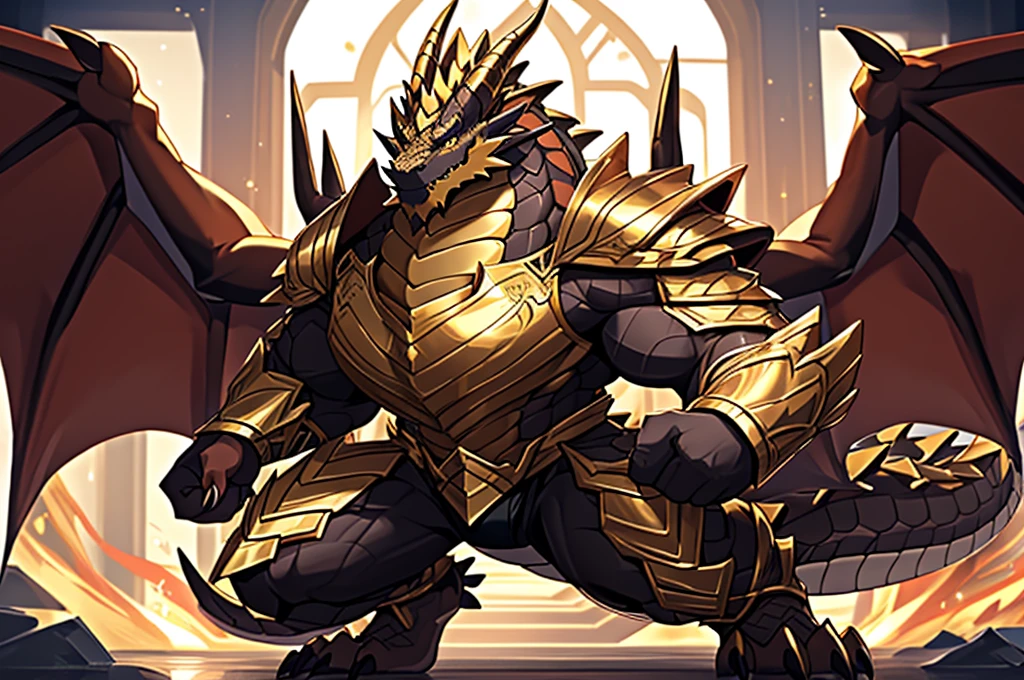 (The tyrannical and powerful Dark Gold Dragon King，Wearing modern black and gold armor，Inlaid with dark gold gemstones：200)，Strong physique的龙形恶魔，(Large dragon body，Huge chest，Majestic wingspan，Sharp and huge dragon claws，Thick iron tail，Sharp dragon scales，The huge dark gold dragon king：2)，Strong physique，(Dark gold scales，Mighty dragon-shaped demon：2)，Dragon legs apart，Dragon wings unfold，The dragon's claws open，Excited grin，Huge mount，Overwhelming presence，Full body picture，Very detailed，4k HD