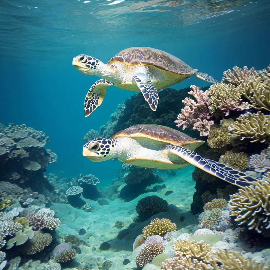 A Glorious Tropical Sea The tropical sea shines brightly under the dazzling sunlight. White sandy beaches stretch out, and the blue sky continues endlessly. The color of the sea transitions from emerald green to deep blue, and the water is incredibly clear. Abundant Coral Reefs and Tropical Fish Underwater, colorful coral reefs spread out, and variously shaped and colored tropical fish swim gracefully around them. Schools of small fish weave through the corals, shining like rainbows. Sunlight Penetrating the Water, High Water Clarity Sunlight filters through the water surface and creates sparkling showers of light that reach the sea floor. The water's clarity is so high that you can see far into the distance, and the underwater scenery is as clear as if viewed through glass. A Woman in a Bikini Underwater A woman in a bikini swims gracefully underwater. Her hair spreads out softly in the water, and she moves slowly with a smile on her face. Various colorful fish swim around her. Not Using a Snorkel She enjoys free diving without a snorkel, appearing free and natural. Greeting a Sea Turtle A sea turtle appears leisurely in front of her. The turtle shows interest in her and approaches slowly. She reaches out her hand, lightly touching the turtle, and smiles as if exchanging a greeting.