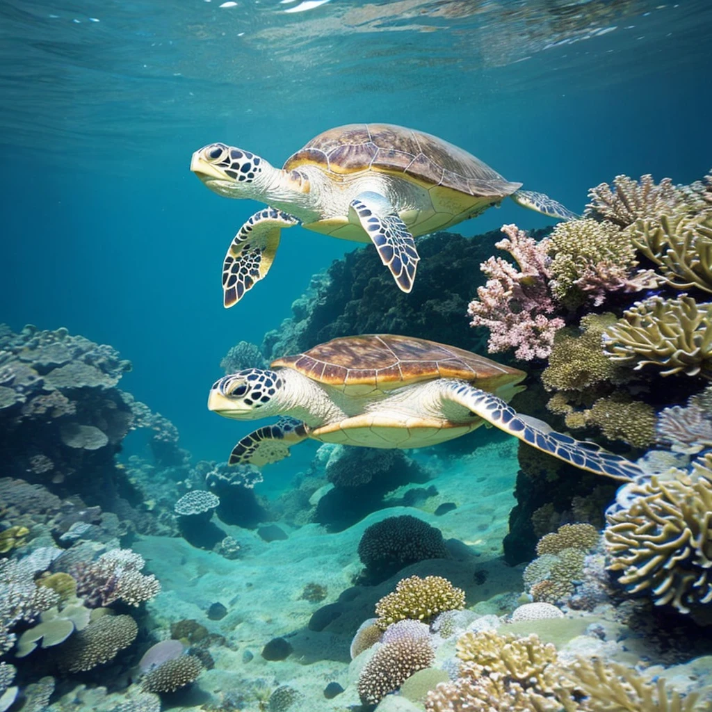 A Glorious Tropical Sea The tropical sea shines brightly under the dazzling sunlight. White sandy beaches stretch out, and the blue sky continues endlessly. The color of the sea transitions from emerald green to deep blue, and the water is incredibly clear. Abundant Coral Reefs and Tropical Fish Underwater, colorful coral reefs spread out, and variously shaped and colored tropical fish swim gracefully around them. Schools of small fish weave through the corals, shining like rainbows. Sunlight Penetrating the Water, High Water Clarity Sunlight filters through the water surface and creates sparkling showers of light that reach the sea floor. The water's clarity is so high that you can see far into the distance, and the underwater scenery is as clear as if viewed through glass. A Woman in a Bikini Underwater A woman in a bikini swims gracefully underwater. Her hair spreads out softly in the water, and she moves slowly with a smile on her face. Various colorful fish swim around her. Not Using a Snorkel She enjoys free diving without a snorkel, appearing free and natural. Greeting a Sea Turtle A sea turtle appears leisurely in front of her. The turtle shows interest in her and approaches slowly. She reaches out her hand, lightly touching the turtle, and smiles as if exchanging a greeting.
