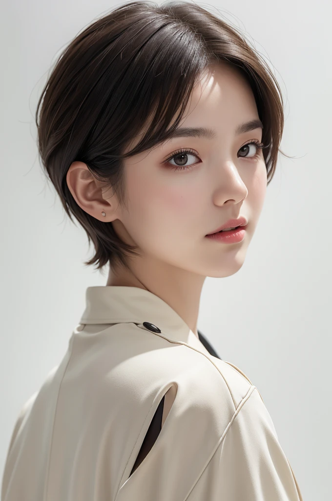 realistic light,natural light,white background,최고 quality、8 thousand、32,000、masterpiece、uhd:1.2) quality, primitive photorealism, laugh, Beautiful girl, cute, Short hair, depth of field, high resolution, ultra detail, Highly detailed eyes and face,small eyes,Short hair,short cut,short hair,Ivory Jacket,Real picture, profile