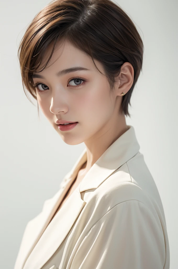 realistic light,natural light,white background,최고 quality、8 thousand、32,000、masterpiece、uhd:1.2) quality, primitive photorealism, laugh, Beautiful girl, cute, Short hair, depth of field, high resolution, ultra detail, Highly detailed eyes and face,small eyes,Short hair,short cut,short hair,Ivory Jacket,Real picture, profile