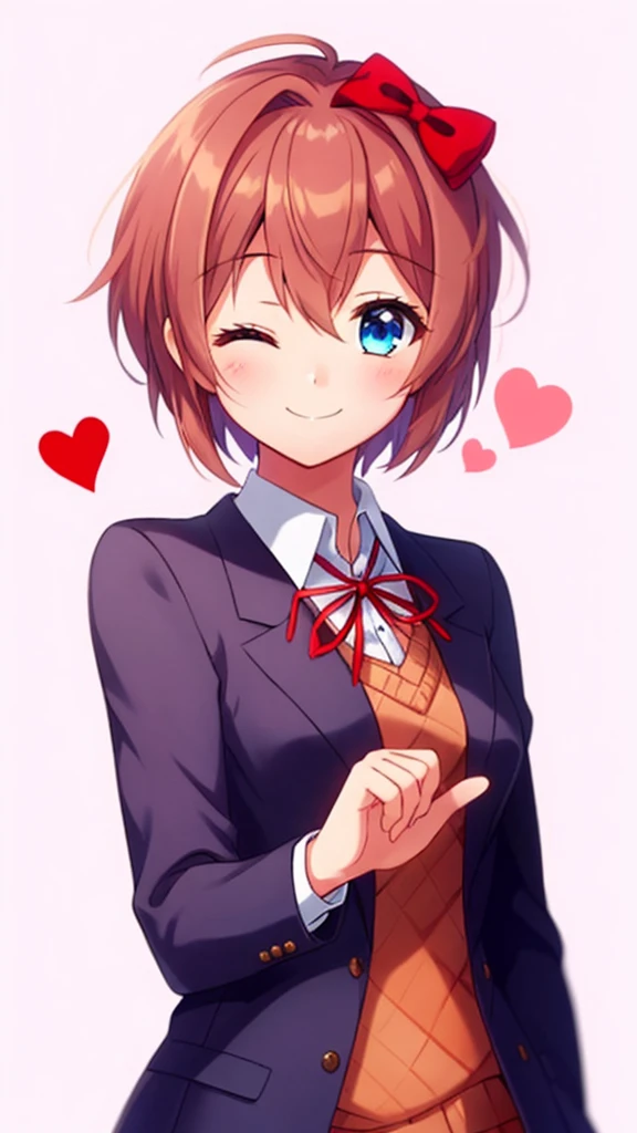 one girl, Sayori, DDLC, Doki Doki Literature Club, hair bow, short hair, cheerful girl, school blazer, positive girl, girl wink at me cutely, smile with  girl's eye closed, light blue eyes, girl focus, fascinating, face focus, my girlfriend, date with her, heart mark