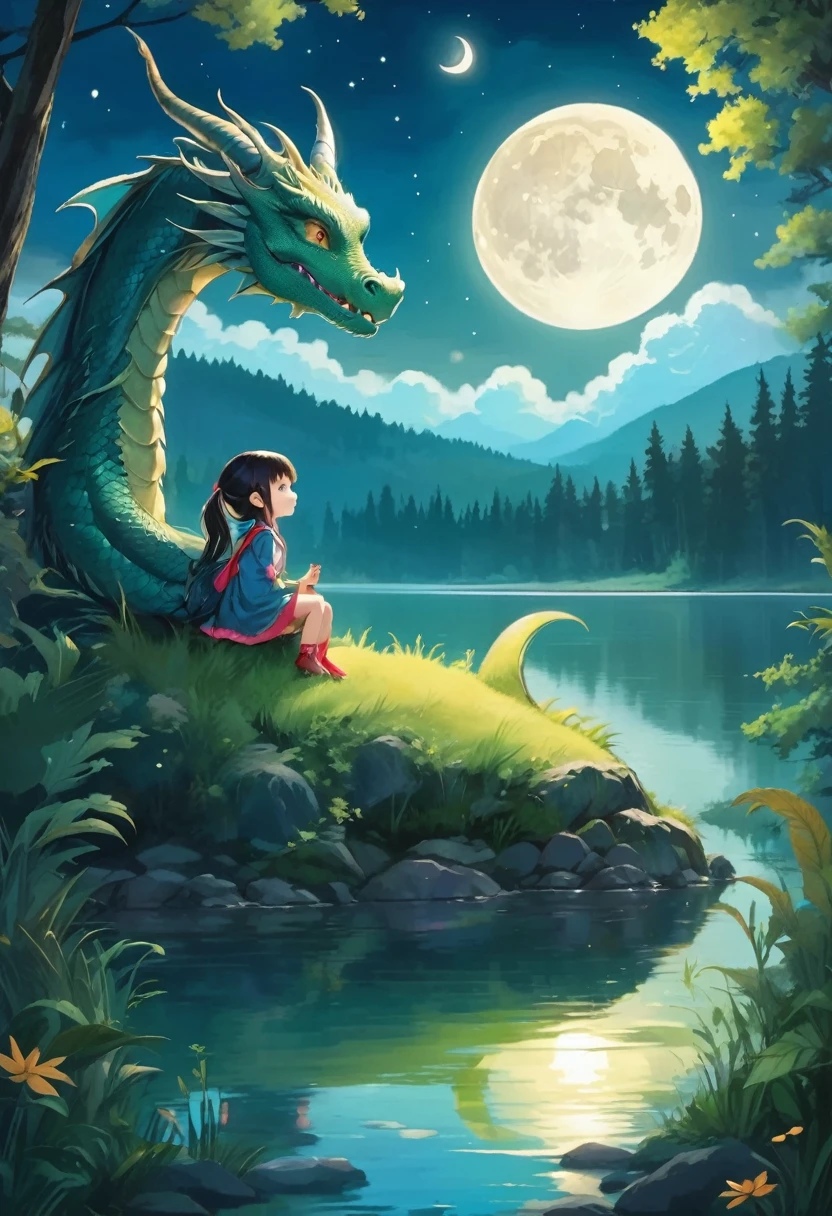 night, moon, dragon and girl sitting, The background is a lake and forest