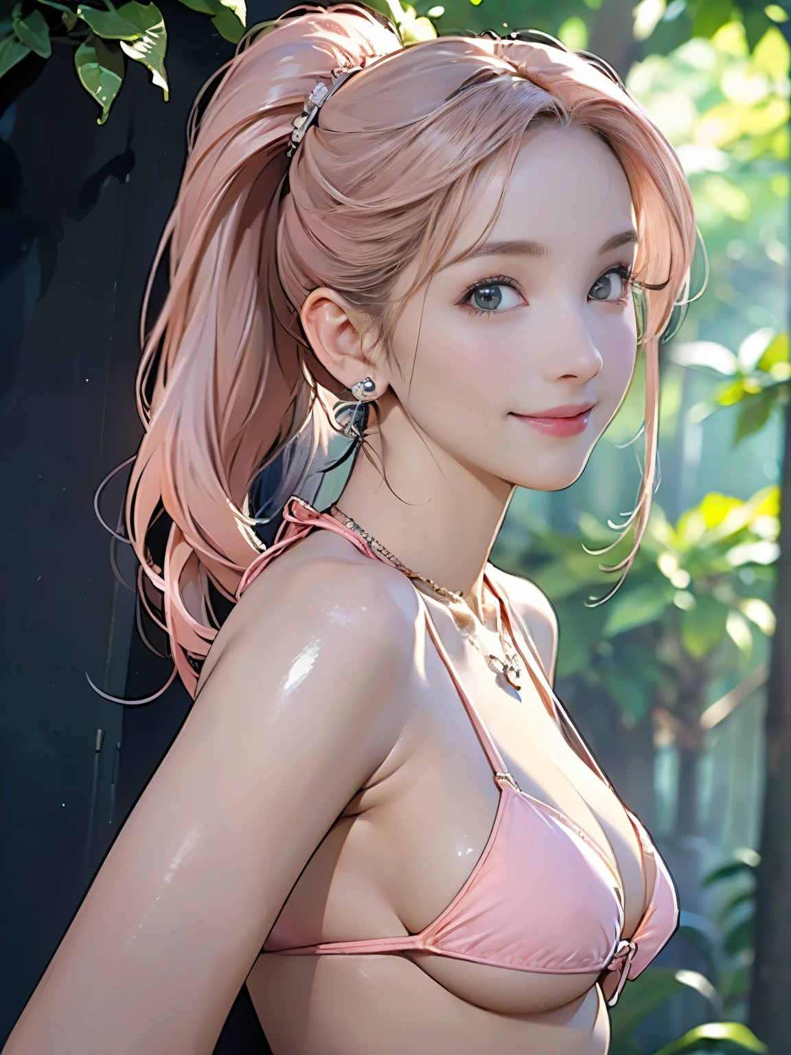 ((Best quality, 8k, Masterpiece :1.3)), 1girl, beautiful woman with emphasis on slim abs: 1.3, casual hairstyle, big breasts: 1.2), casual wear: 1.2, interior, ultra-detailed face, delicate eyes, double eyelids, soft breasts, smile, exposed cleavage, Pink hair