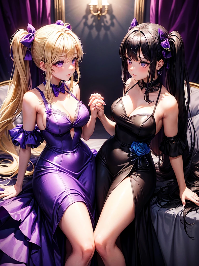 Two adult girls, one is blonde with two pigtails of purple bows, She wears a shiny purple gala dress with decorations and diamonds, Her eyes are blue and she is next to another girl with black hair., loose hip length hair, black eyes and bright and stunning blue gala dress, They are at an expensive dinner tonight, holding hands in a romantic atmosphere 