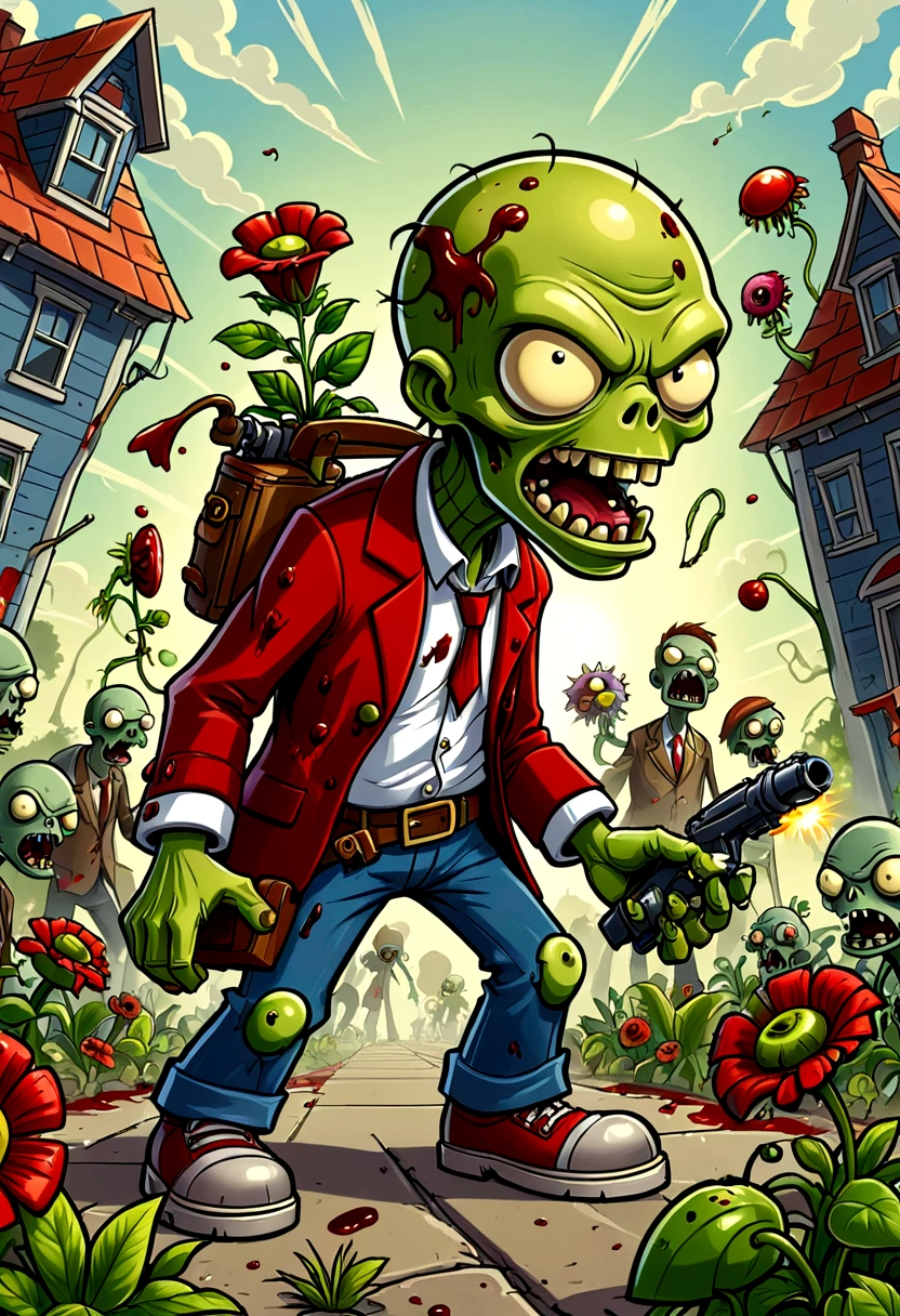 Plants vs. Zombies,Defense War Game,fear,bloody,Old,Zombies,Violence,Peashooter,Potato Mine,Exaggerated art illustration,