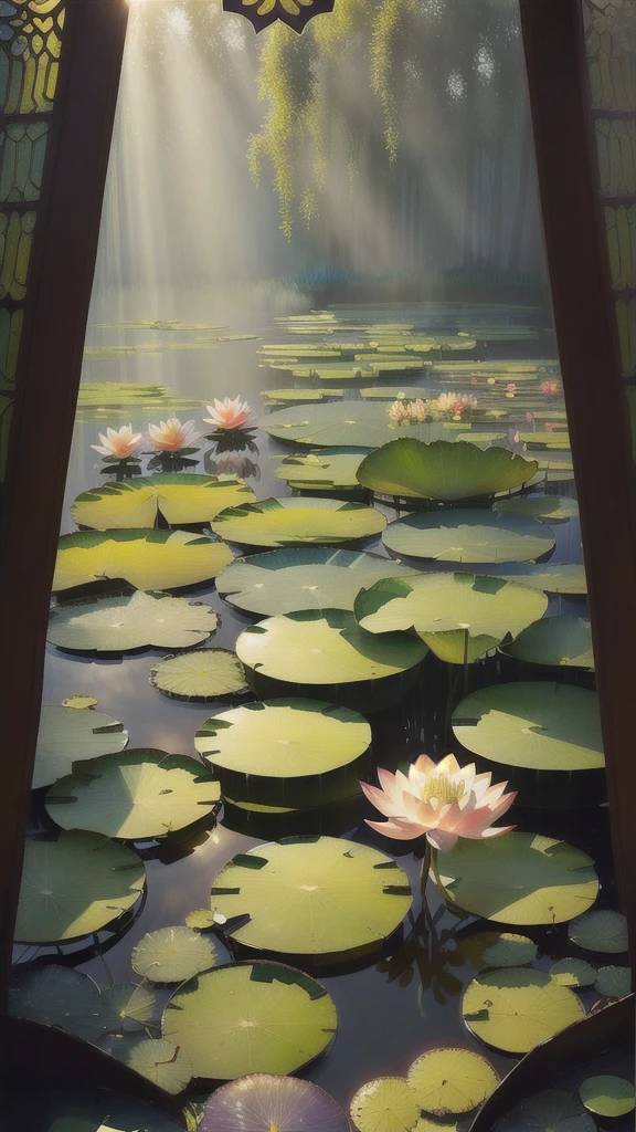 A beautiful masterpiece. Monet's water lilies, Deep in the Lotus Pond (rich and colorful, vivid, Sunlight, Cold Light: 1.2), There are several lotus leaves in the pond. The lotus leaf texture is clear. morning sun, Butterfly, Leave blank
