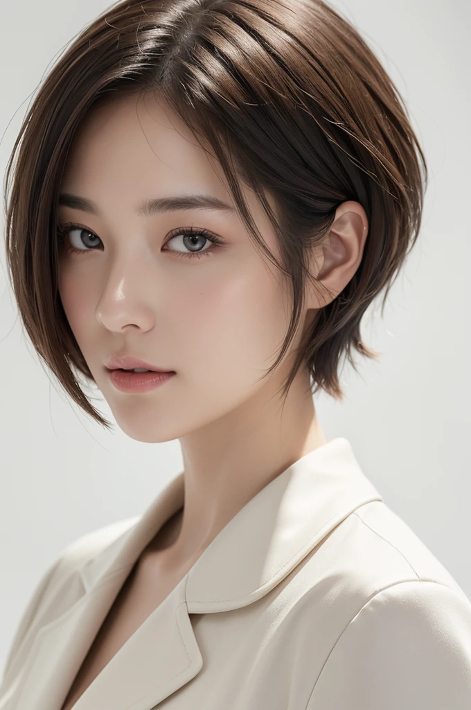 realistic light,natural light,white background,최고 quality、8 thousand、32,000、masterpiece、uhd:1.2) quality, primitive photorealism, laugh, Beautiful girl, cute, Short hair, depth of field, high resolution, ultra detail, Highly detailed eyes and face,small eyes,Short hair,short cut,short hair,Ivory Jacket,Real picture, profile,ID Photo