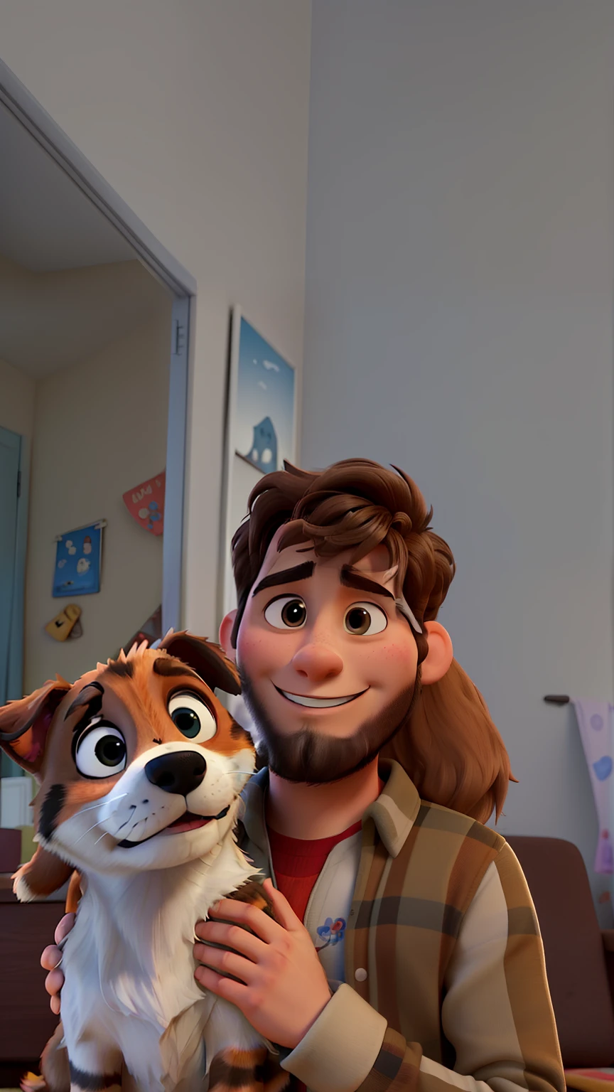 There is a jovial teenager, comely, happy man holding a dog and a cat in his arms, with dogs, very low quality image, with your hyperactive puppy, with two characters, foto perfil, professional foto, profile pic, selfie of a dog, headshot foto perfil, paws on head, profile image ( make an image from the film inspired by Disney Pixar with The scene should follow the artistic style similar to Pixar, focusing on the characters' expressions, swirly vibrant colors, Detailed textures and features of your animations. ( Shintzu dog and tricolor cat)
