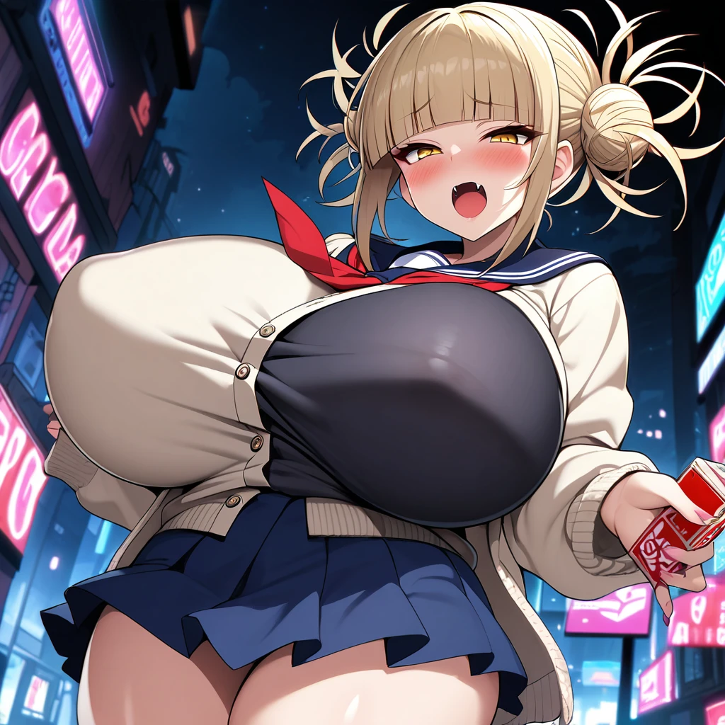 toga himiko,1girl,solo,Mature Women,Females in heat,blush,blonde hair,yellow eyes,narrowed eyes,blunt bangs,open mouth,fangs,cardigan,long sleeves,neckerchief,red neckerchief,blue skirt,gigantic huge breasts,condom box in right hand,looking at viewer,standing up,neon night town background