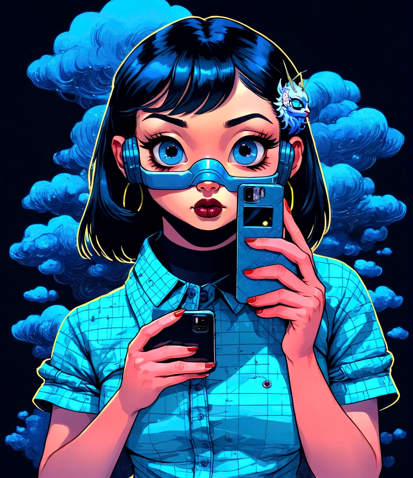 a close up of a person with a cell phone in their hand, cyberpunk art inspired by Harumi Hironaka, tumblr, digital art, jen bartel, lofi girl, beeple and james jean, casey weldon, beeple and jeremiah ketner, cyberpunk art style, glitchpunk girl, blue neon, neon and dark, digital art style