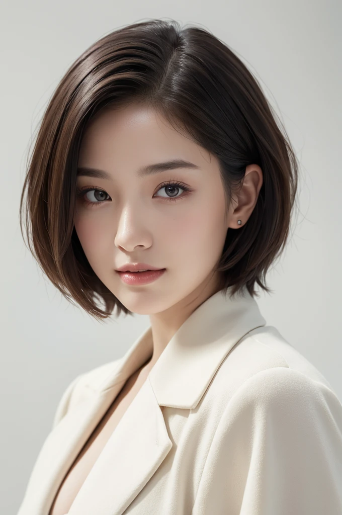 realistic light,natural light,white background,최고 quality、8 thousand、32,000、masterpiece、uhd:1.2) quality, primitive photorealism, laugh, Beautiful girl, cute, Short hair, depth of field, high resolution, ultra detail, Highly detailed eyes and face,small eyes,Short hair,short cut,short hair,Ivory Jacket,Real picture, profile,