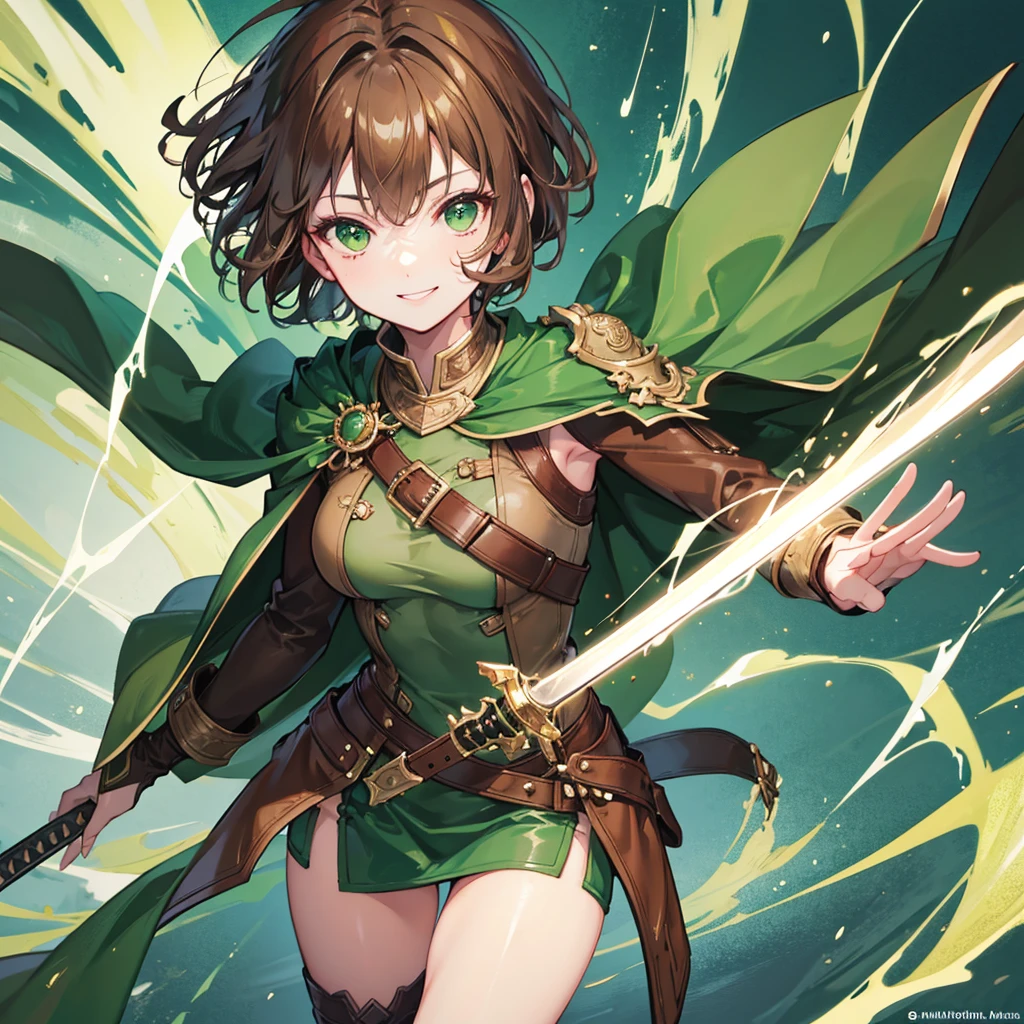 Hd, 4k, Beautiful girl, short hair, brown hair, green eyes, smiling, brown and green leather clothing with cape, sword in hand