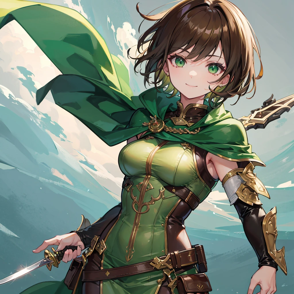 Hd, 4k, Beautiful girl, short hair, brown hair, green eyes, smiling, brown and green leather clothing with cape, sword in hand