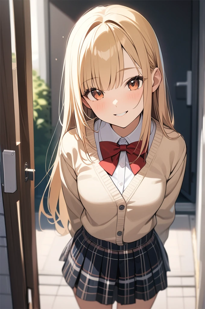cute 1girl, blonde hair, (straight hair), bangs on one side, head tilt, (waist), light brown cardigan, plaid skirt, red bowtie, arms behind back, looking at viewer, happy smile, entrance, outdoor, from above, teenage, (depth of field), masterpiece, best quality